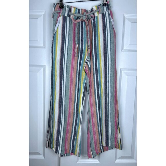 Women’s Flowy Linen Boho Colorful Striped Wide Leg Cropped Festival Pants M - Picture 3 of 13